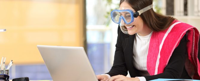Businesswoman needing vacation booking at job